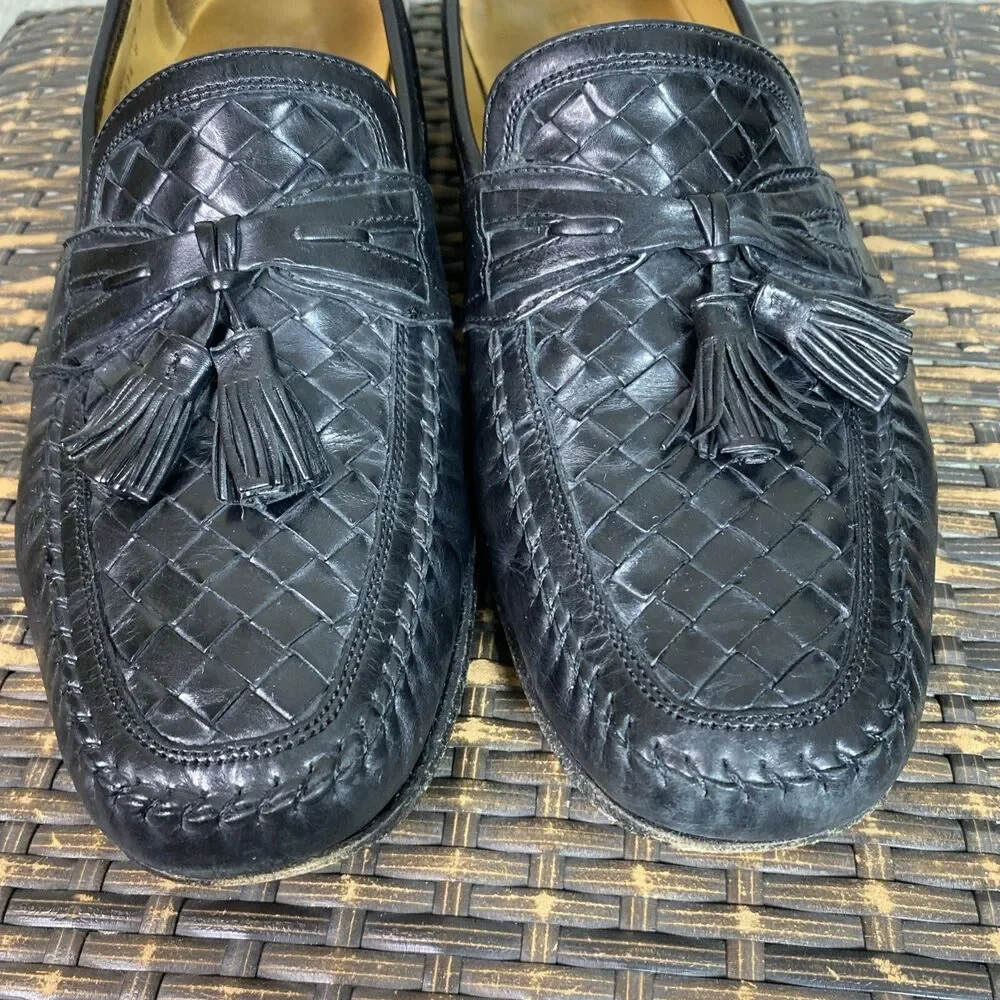 Johnston Murphy Mens Loafers Leather Black Dress Shoes 10.5M Woven Tassel